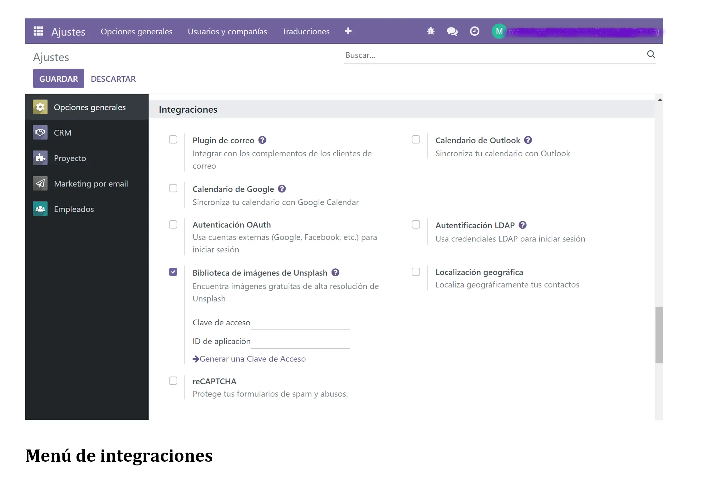 Integracion: Menú de integraciones de odoo 